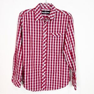 N&M COLLECTION RED GRAY WHITE PLAID LONG SLEEVE BUTTON FRONT SHIRT MENS MEDIUM